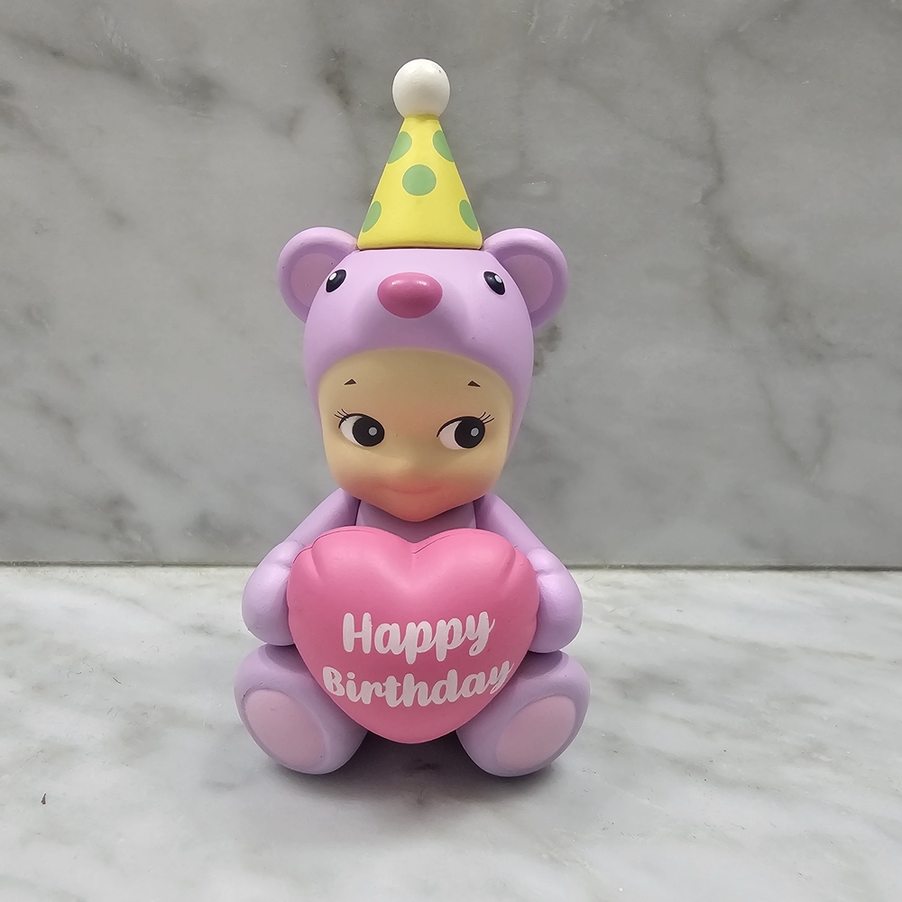 Purple Birthday Bear Figurine Toy with Pink Heart